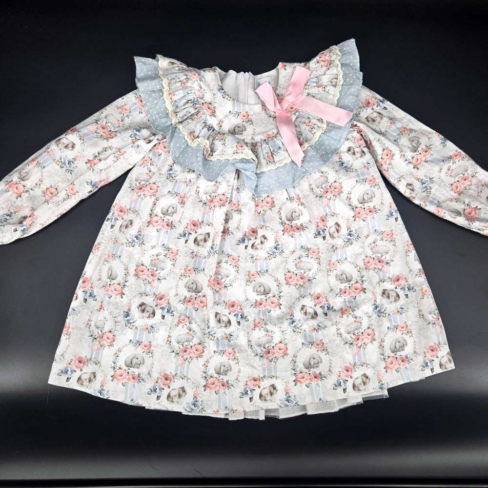 Rochy Spanish Boutique Bunny Rabbit Floral Ruffle Easter Dress 5Y NWOT
